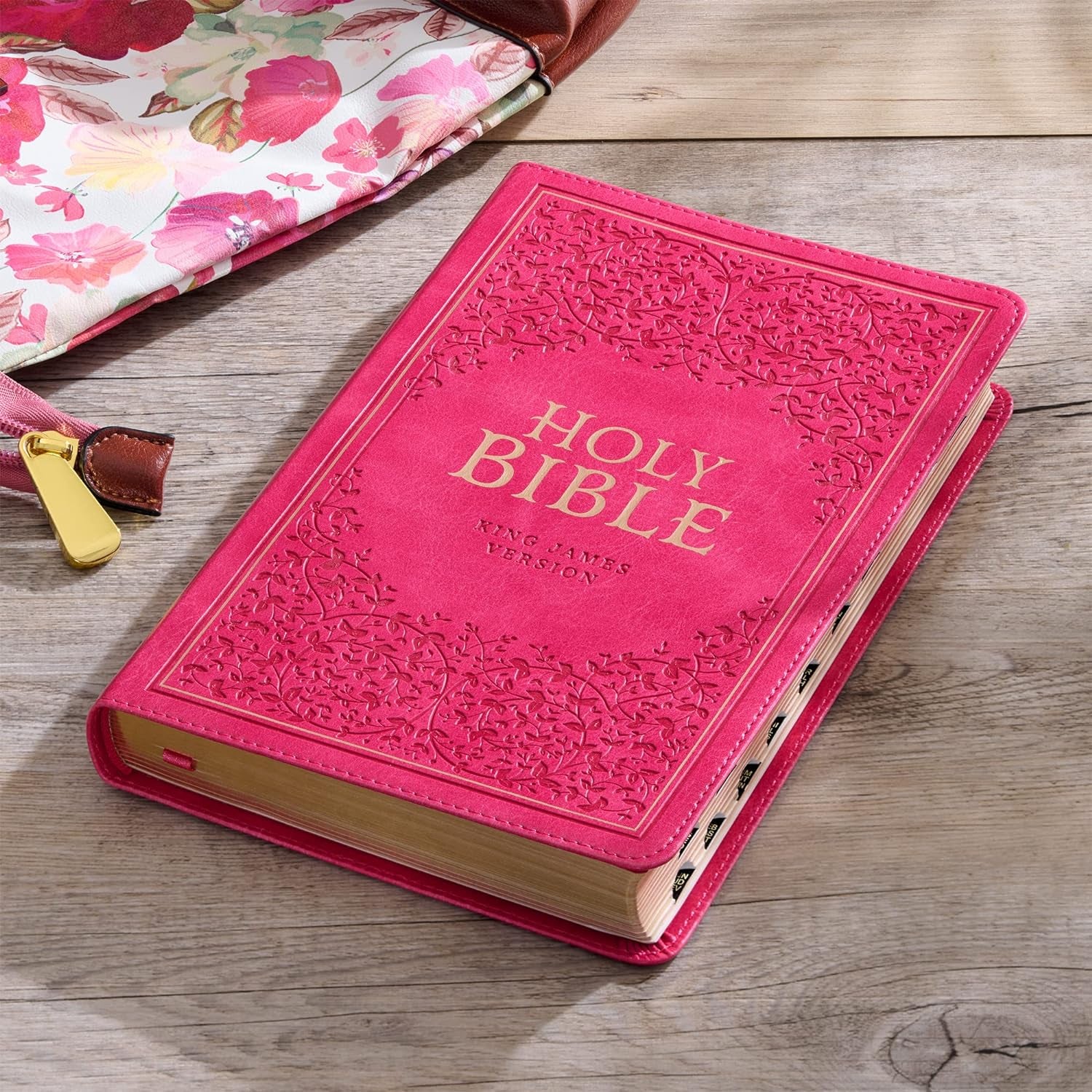 KJV Holy Bible, Standard Size Faux Leather Red Letter Edition Thumb Index & Ribbon Marker, King James Version, Pink