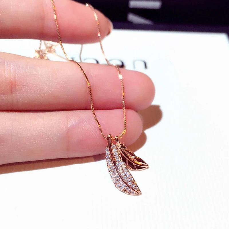 Dainty Double Feather Shining CZ Plated Gold Necklace