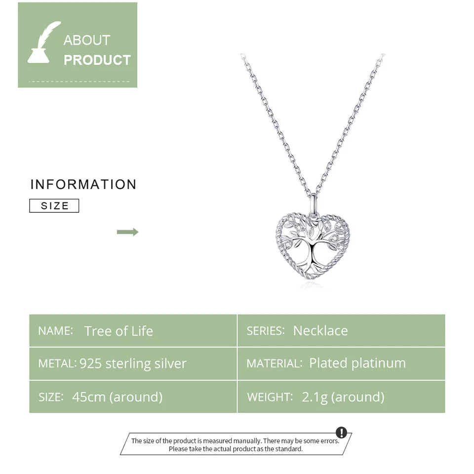 Tree of Life Heart .925 Sterling Silver + Plated platinum CZ Pendant Necklace