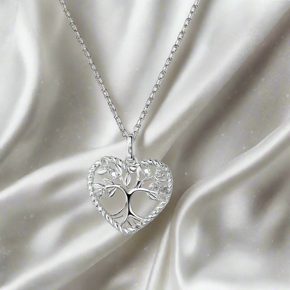 Tree of Life Heart .925 Sterling Silver + Plated platinum CZ Pendant Necklace