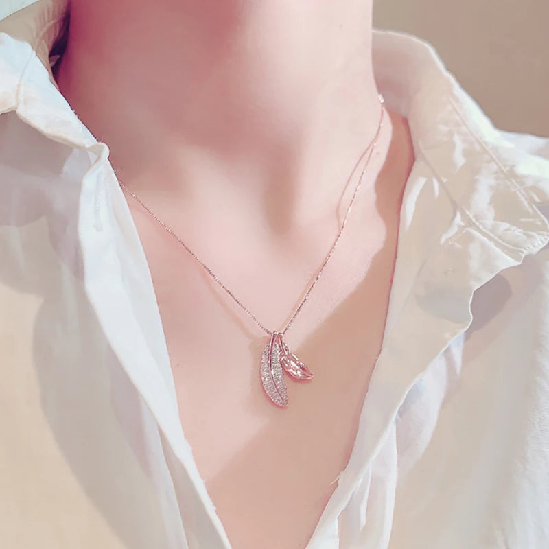 Dainty Double Feather Shining CZ Plated Gold Necklace