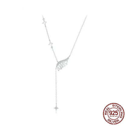 Angel Wing and Stars Necklace in .925 Sterling Silver with White Gold Plating