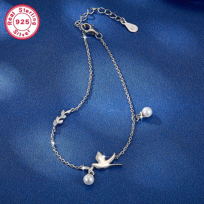 Dainty Freshwater Pearl Peace Dove Bracelet .925 Sterling Silver