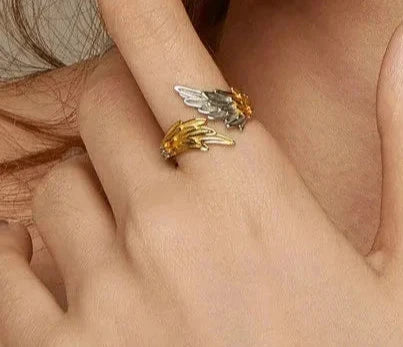 925 Sterling Silver 14K Gold Plated Angel Wing Ring