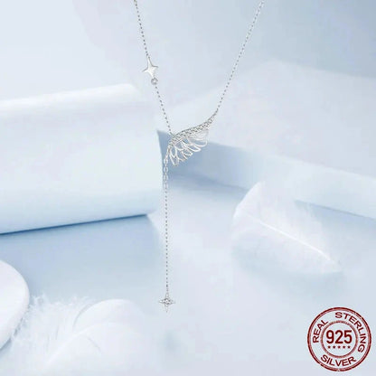 Angel Wing and Stars Necklace in .925 Sterling Silver with White Gold Plating