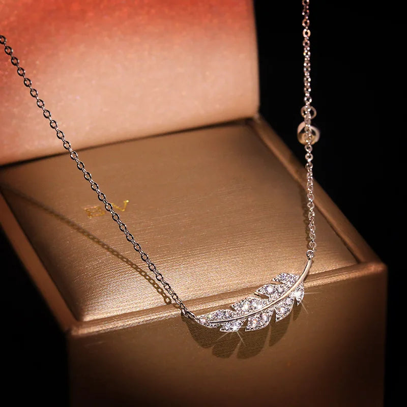 Feather Leaf Micro Pave Necklace Sterling Silver .925