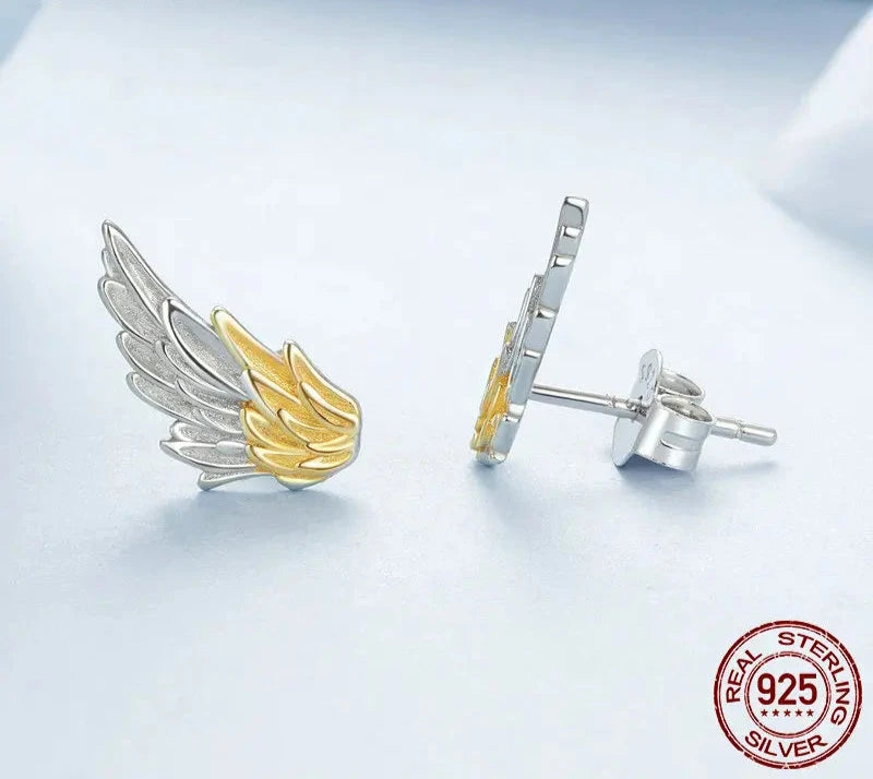 925 Sterling Silver Dainty Angel Wing Stud Earrings 14K Gold Plated