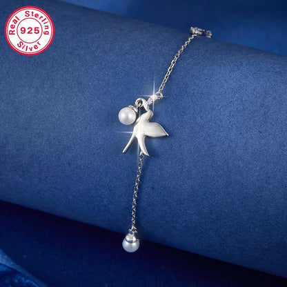 Dainty Freshwater Pearl Peace Dove Bracelet .925 Sterling Silver