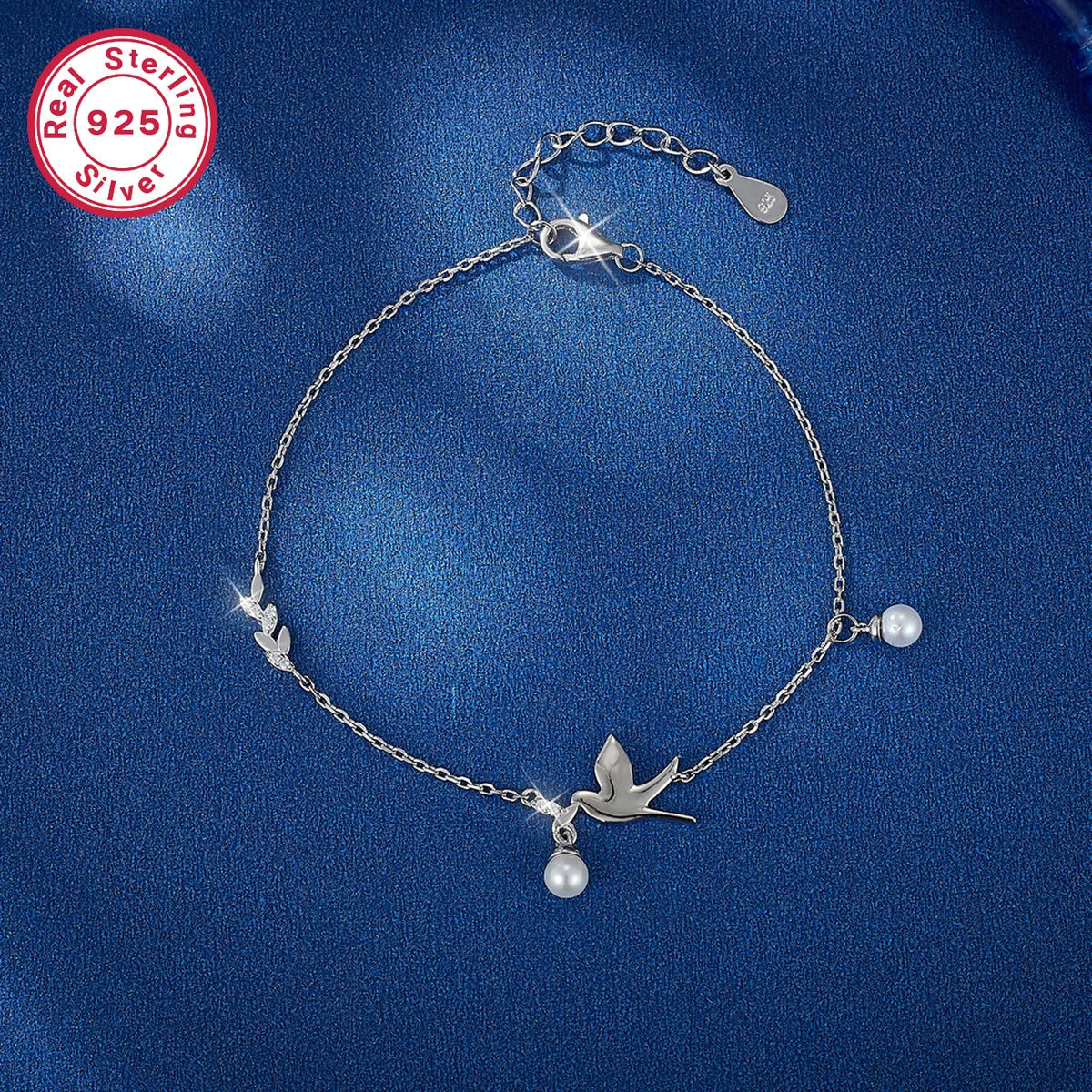 Dainty Freshwater Pearl Peace Dove Bracelet .925 Sterling Silver