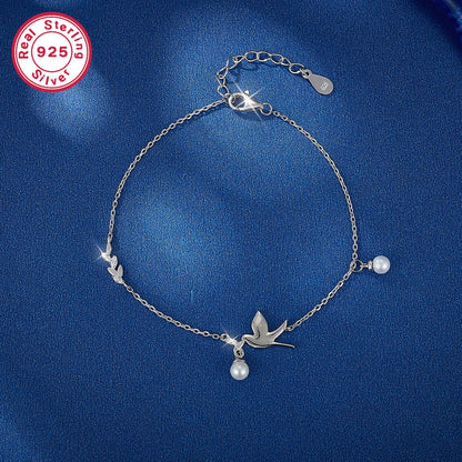 Dainty Freshwater Pearl Peace Dove Bracelet .925 Sterling Silver