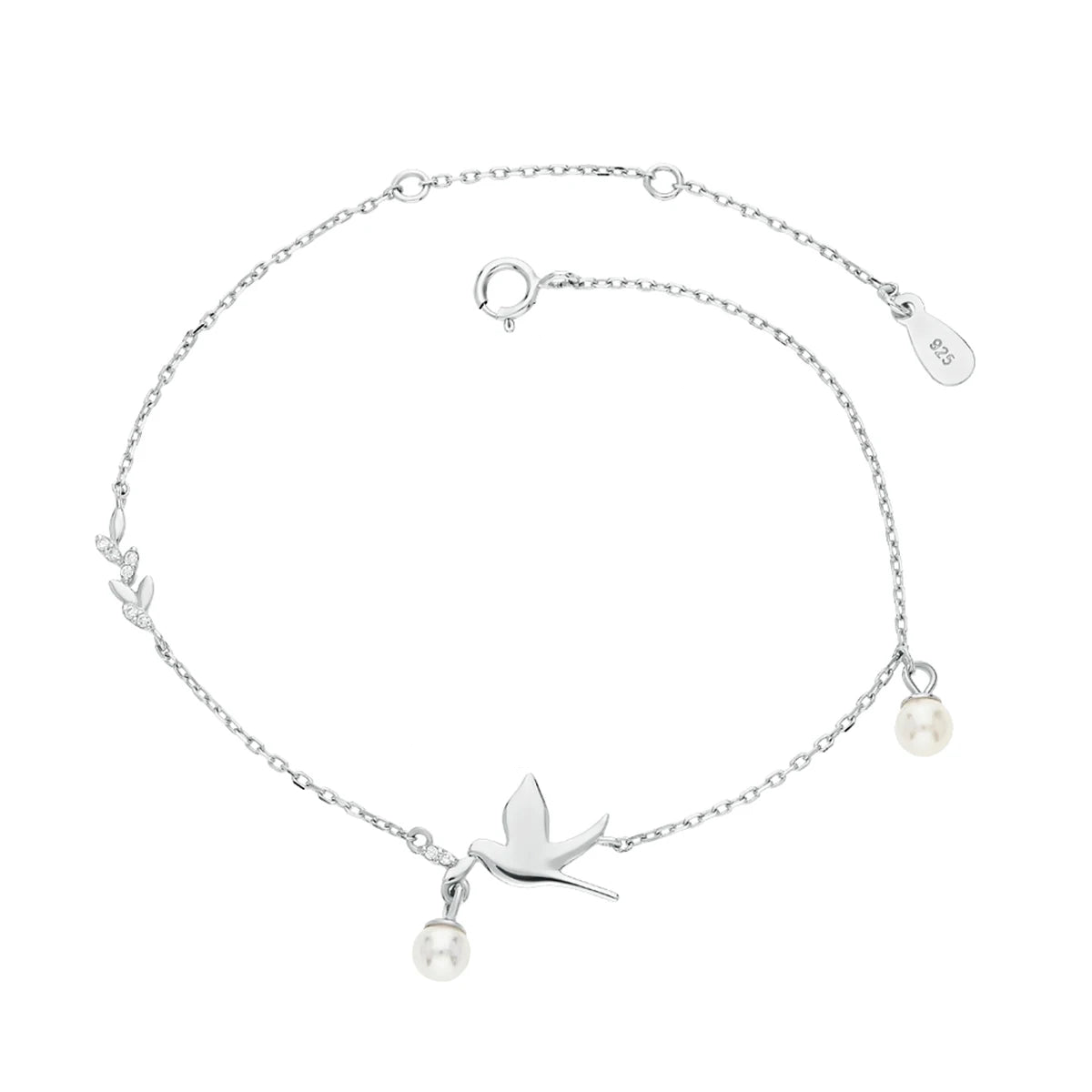 Dainty Freshwater Pearl Peace Dove Bracelet .925 Sterling Silver