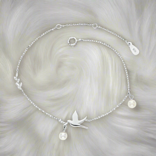 Dainty Freshwater Pearl Peace Dove Bracelet .925 Sterling Silver