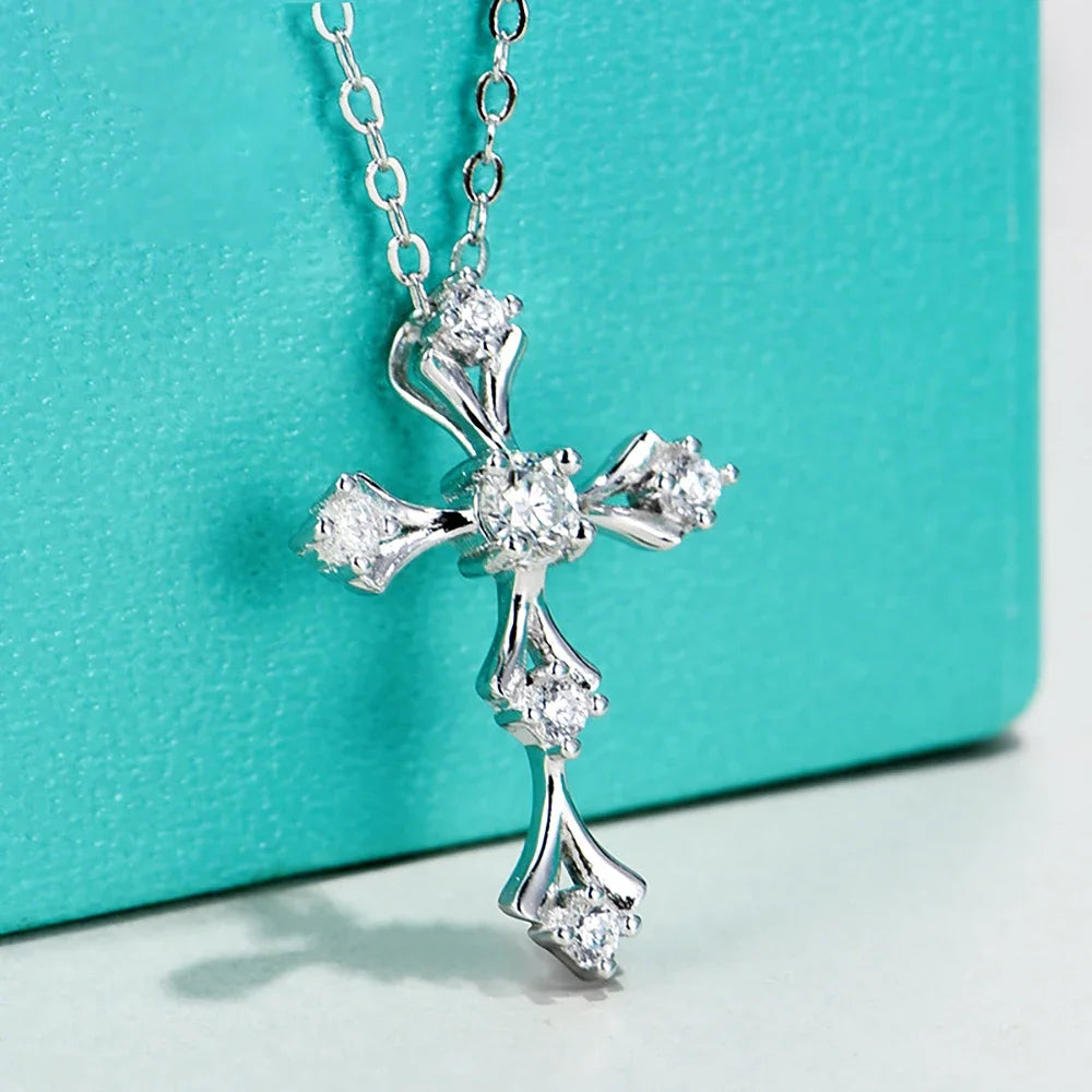 Faith Cross Moissanite Pendant Necklace White Gold Plated 925 Sterling Silver