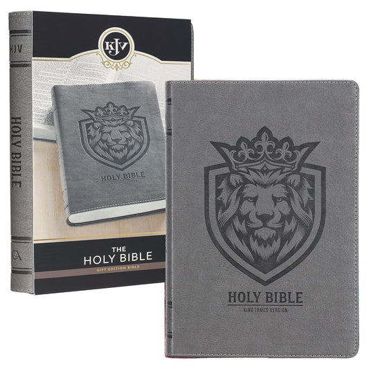 KJV Holy Bible, Gift Edition for Boys King James Version, Faux Leather Flexible Cover, Charcoal Gray Lion Emblem